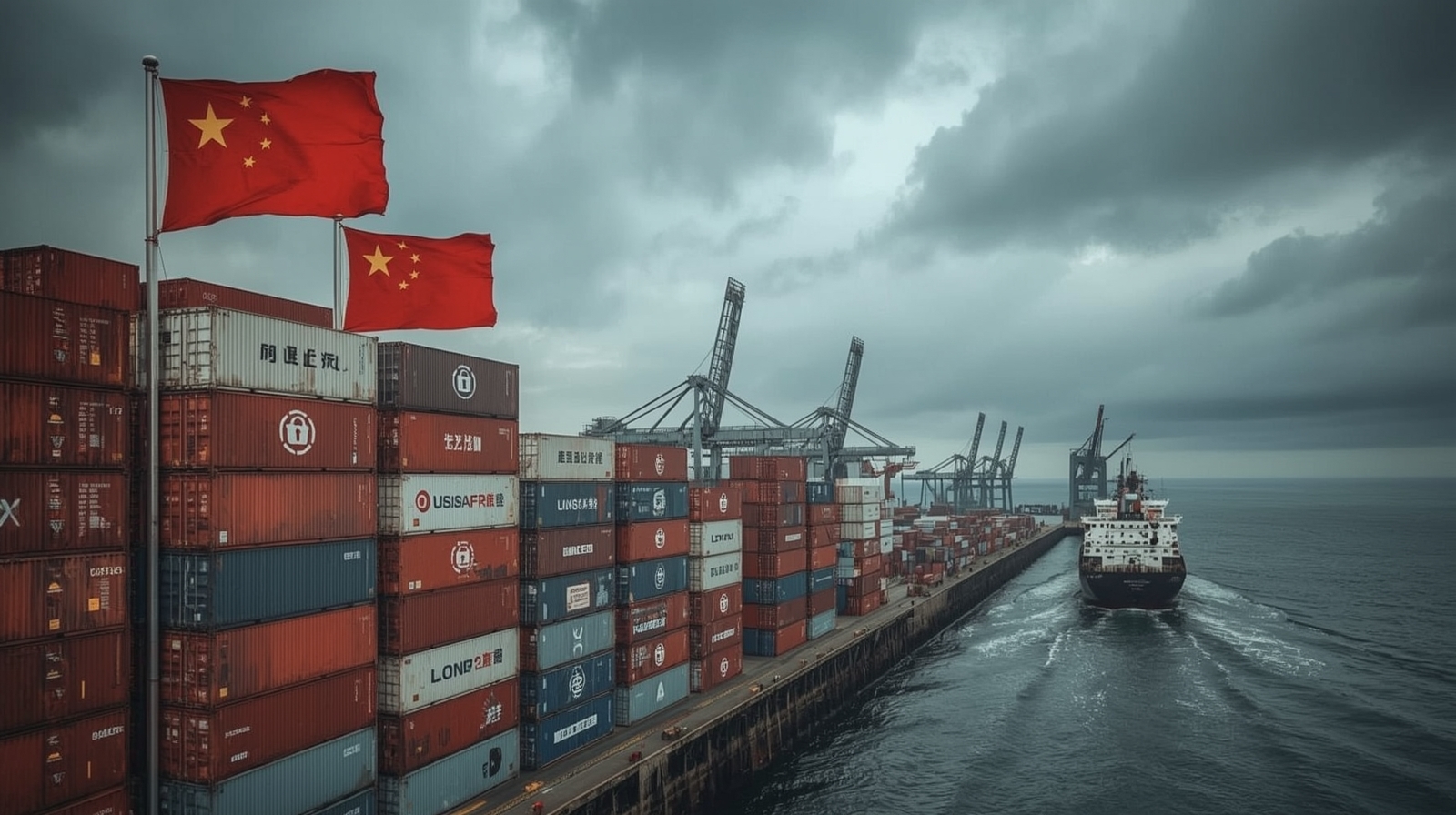 International shipping containers at Chinese port with geopolitical tension symbols representing trade restrictions