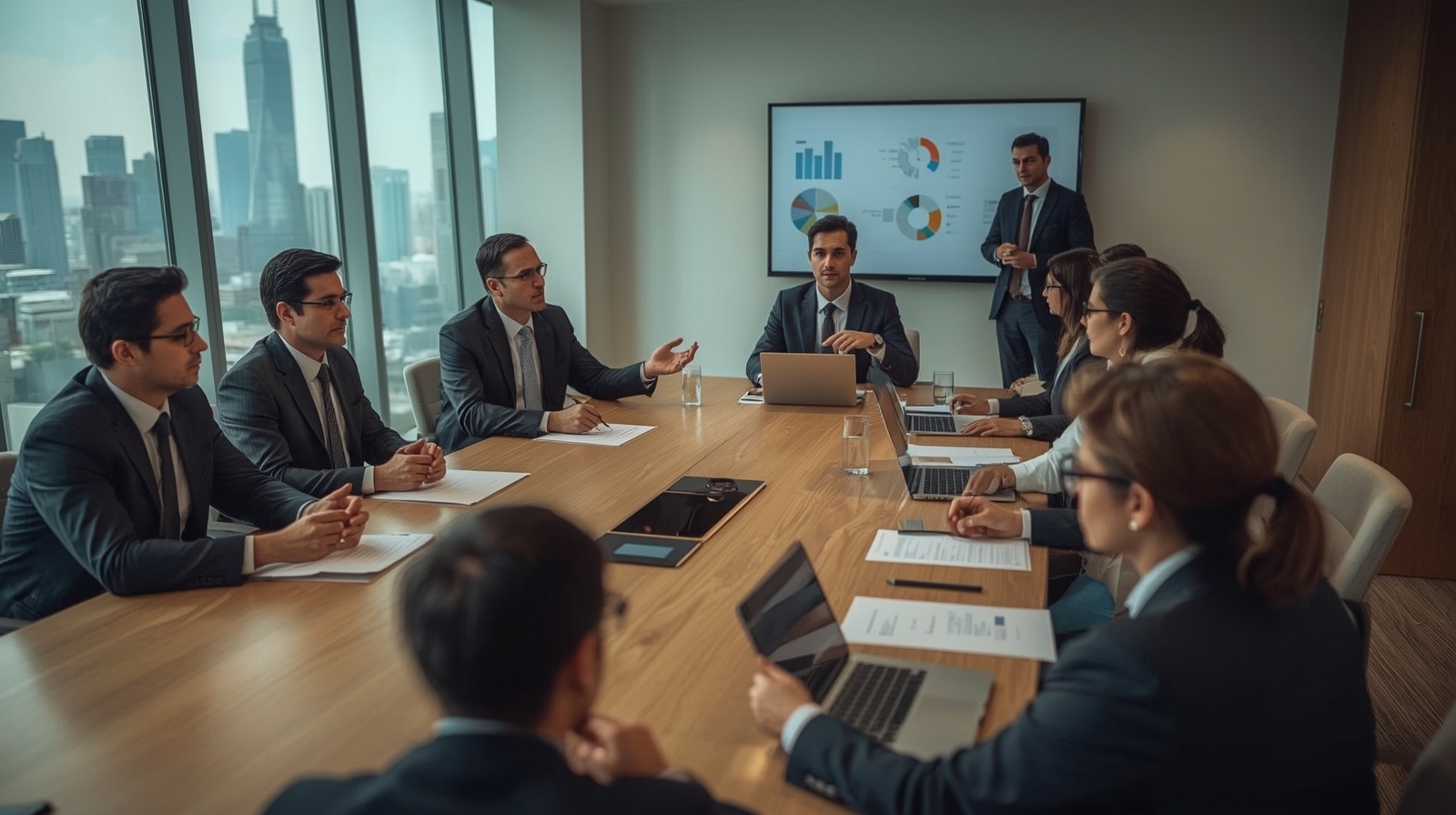 European business executives in Shanghai discussing declining market opportunities in boardroom meeting